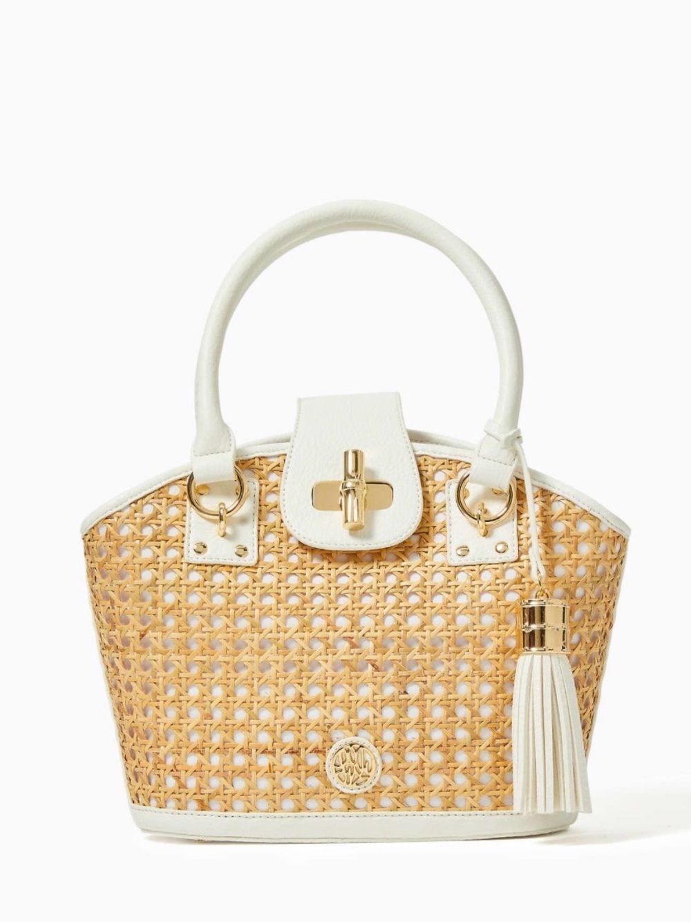 Lilly Pulitzer Adeline Cane Woven Rattan Tote Bag with White Trim NWT